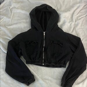 ROMWE Black Cropped Zip-Up Hoodie